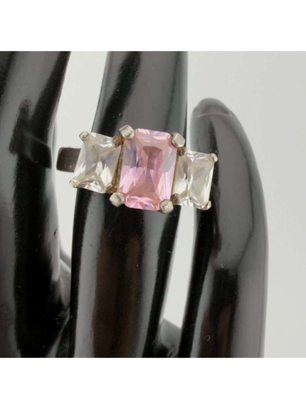 Sterling Silver Large Pink CZ Cubic Zirconia Emerald Cut Statement Ring Size 6.5